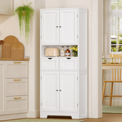 Kitchen Pantry Cabinet With Adjustable Shelf, Tall Storage Cabinet With 2 Drawers & 4 Door Shelves, Food Pantry Cabinets, For Kitchen, Dining Room, Living Room, White