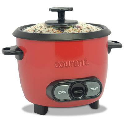 Courant 6 Cup Rice Cooker (Cooked)/3 Cups (Uncooked), Automatic Keep Warm, Glass lid with Built-In Lid Holder, Removable Non- stick Bowl, Includes Measuring Cup & Spoon - Red