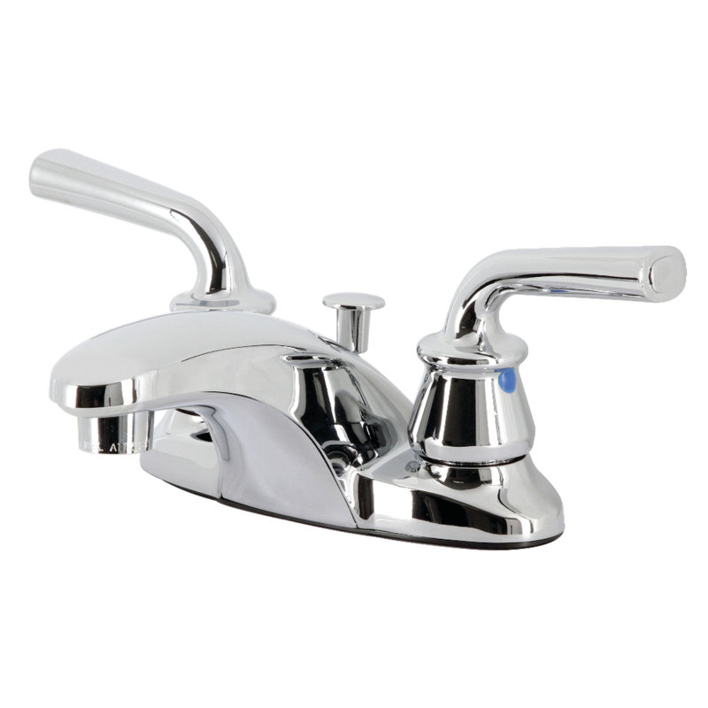 Kingston Brass Restoration Two-Handle 3-Hole Deck Mount 4" Centerset Bathroom Faucet with Plastic Pop-Up, Polished Chrome