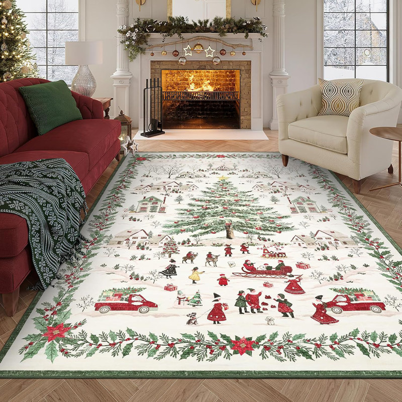 Tapis de Noël - tapis de Noël lavables antidérapants et père Noël, tapis pliable doux à poils courts pour le couloir, l'entrée et la chambre à coucher