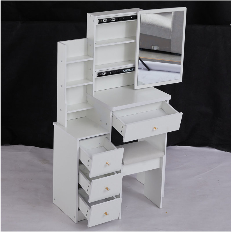 29.2" Small Space Left Bedside Cabinet Vanity Table + Cushioned Stool, Extra Large Right Sliding Mirror, Multi Layer High Capacity Storage, Practical Fashionable Dresser, Suitable For Small Space