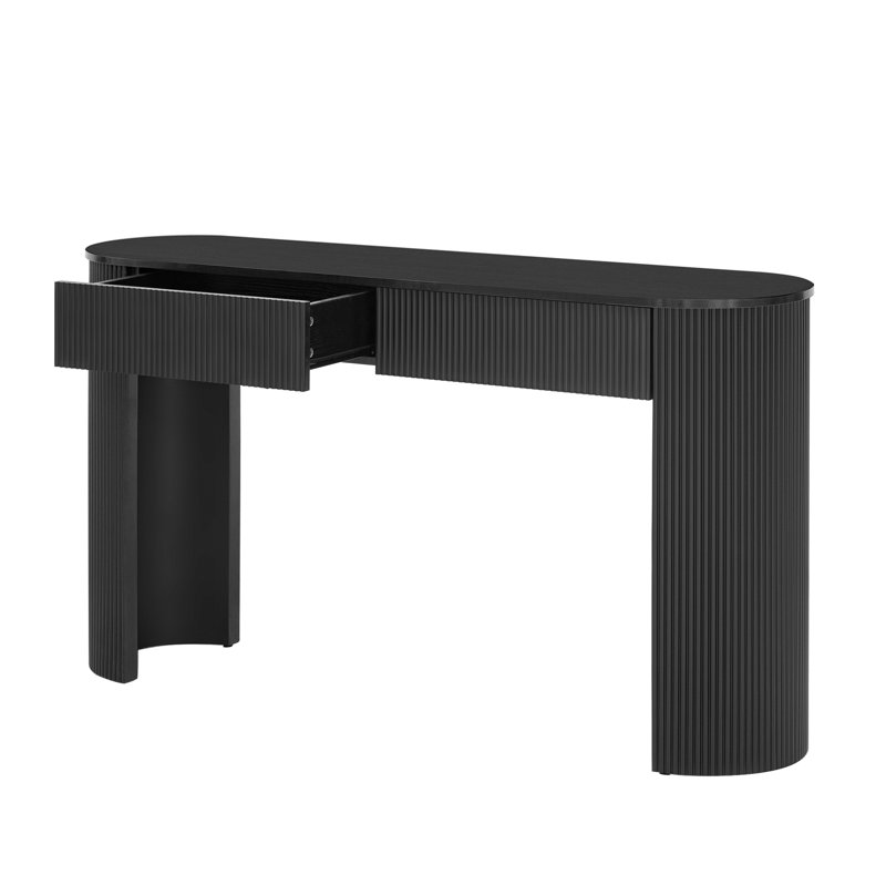Console noire cannelée pour le vestibule, rangement pour petits articles à 2 tiroirs, surface ovale, entrée courbée de style colonne avec rangement dissimulé pour les articles du quotidien, les pieds et les articles