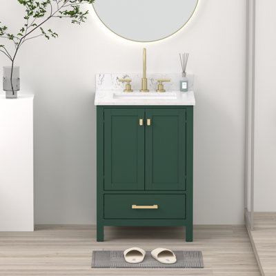 24" Solid Wood Freestanding Bathroom Vanity With Engineered Stone Top