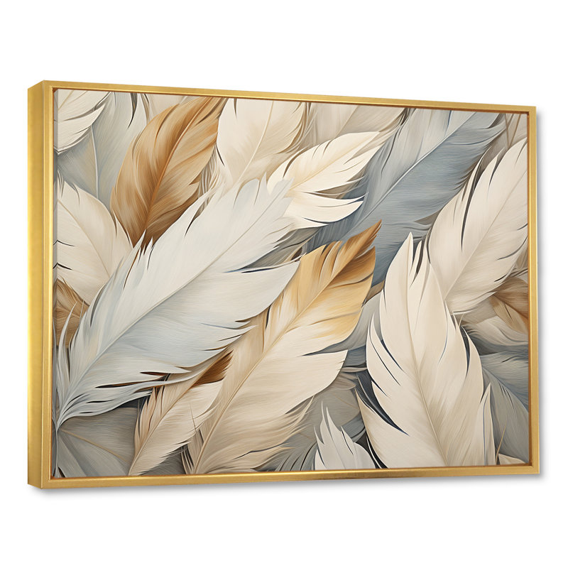 «Feathery Plumes II - Feathers», reproduction d'art sur toile encadrée, Cadre flottant doré, H 24 po x l 32 po x P 1 po