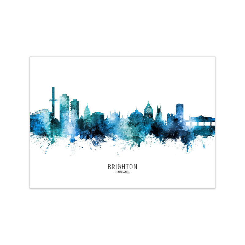 Brighton England Skyline Blue City Name by Michael Tompsett - Print, 60cm H x 84cm W x 1cm D, Unframed