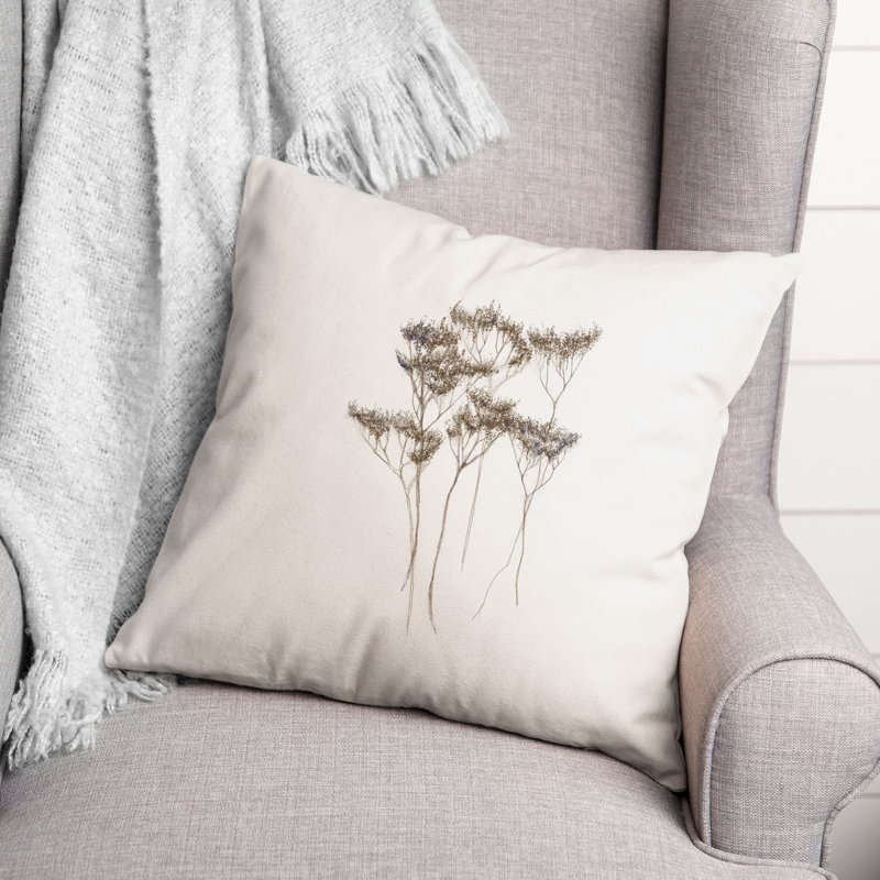 18" Beige Cotton Floral Print Throw Pillow