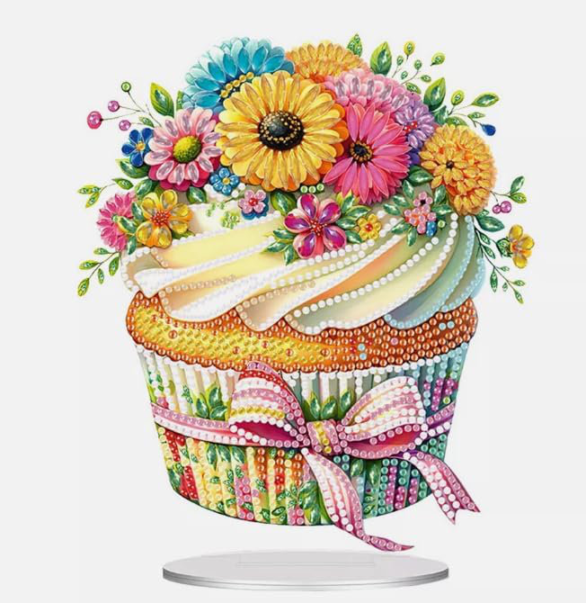 Adalee  5D DIY Cute Floral Cupcake Diamond Painting Kit Rhinestone Acrylic Table Top Ornament Decoration