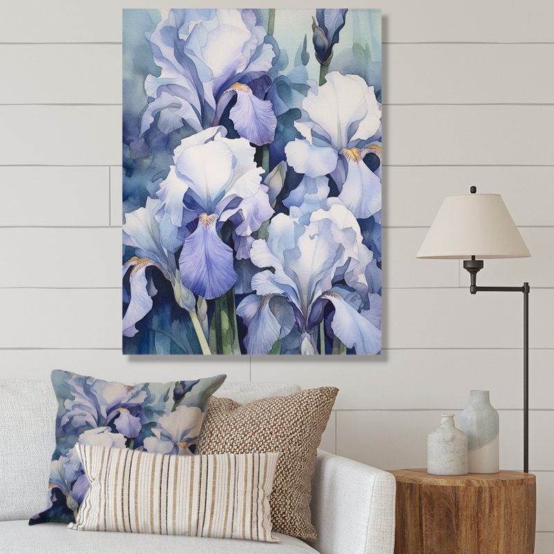 Pétales d'iris blancs et mauves sur toile, H 32 po x l 16 po x P 1 po, Toile tendue