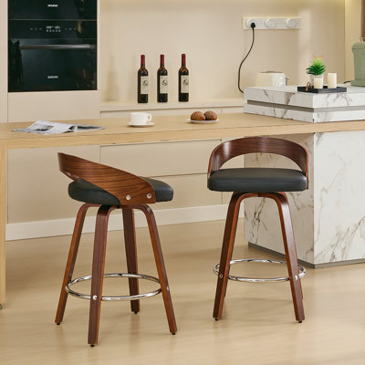 Bar Stools Set of 2, Swivel Bar Height Stools with Low Back, Wood Bar Chairs with Soft Cushion Seat, 25-Inch Seat Height (Black, 25" Counter Height)
