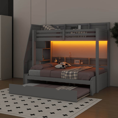 Twin Over Full Bunk Bed With Trundle & Storage Steps, Equipped With Full-Length Safety Rails, Built-In Storage & USB Charging Stations