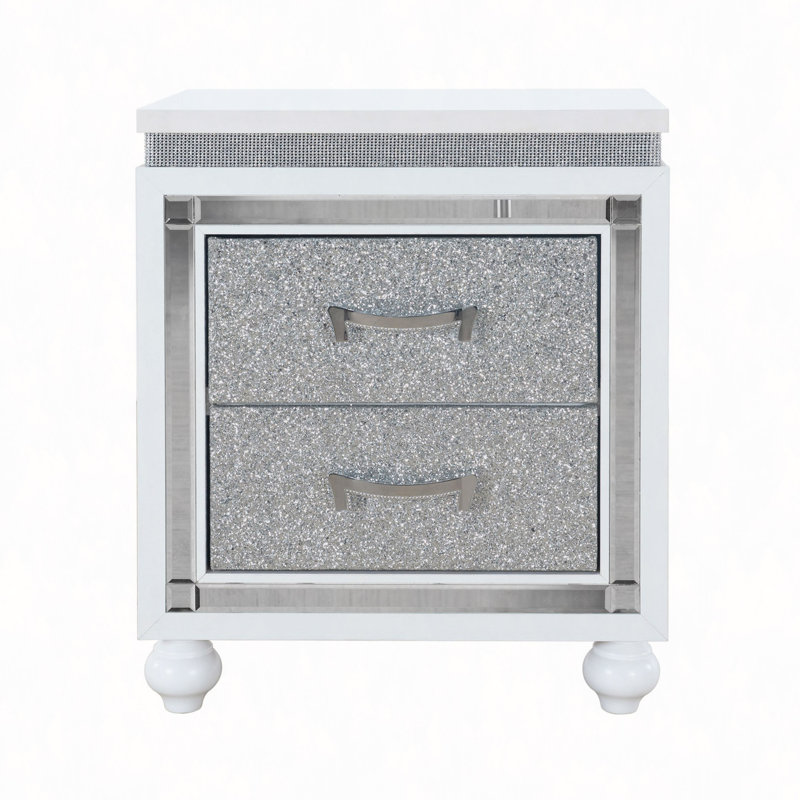 Modern Glamour Nightstand, Crushed Crystal Drawer Fronts, High-Gloss Zebrano Finish - Luxe Bedside Table