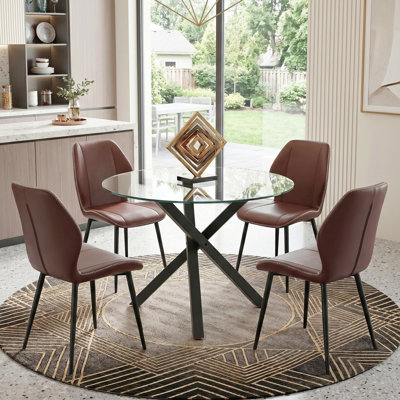 Donato 5-Piece Round Dining Table Set For 4, 39" Clear Tempered Glass Table And Vertical Stitching Faux Leather Chairs With Metal Legs, Space-Saving Breakfast Nook Set