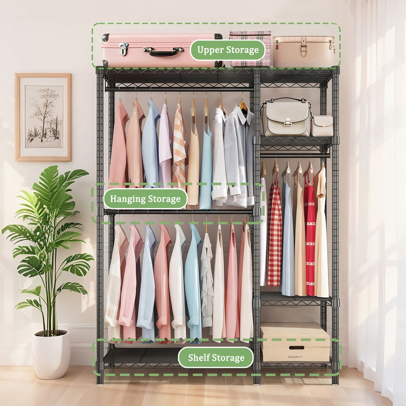Clothes Rack, Freestanding Closet Organizer, Portable Metal Clothing Rack, Adjustable Wire Shelving Clothes Rack With 6 Adjustable Wire Shelves And 3 Clothes Rails