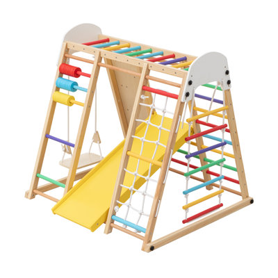 Structure et glissade pliable pour enfants en bois naturel, aire de jeu pour tout-petits en bois avec balançoire, ensemble de jeu intérieur et extérieur pour les enfants de 3 ans et plus