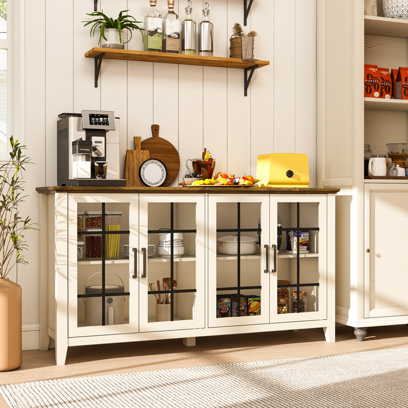 63'' Sideboard Buffet Storage Cabinet With 4 Glass Doors, White/Brown