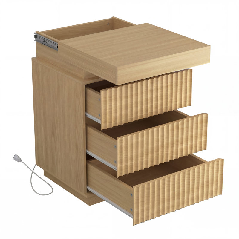 Ensemble de 2 tables de chevet naturelles avec station de recharge et éclairage DEL, tables de chevet à panneaux ondulés cannelés avec plateau coulissant et rangement