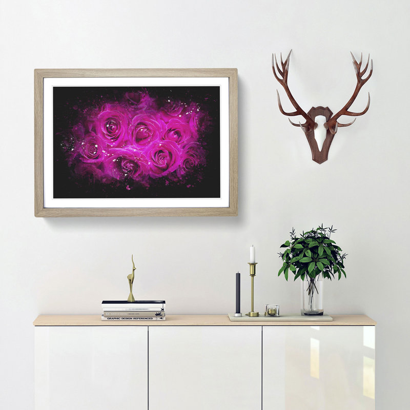 Wall of Bright Pink Roses - Picture Frame Graphic Art Print, Oak Framed, 24cm H x 33cm W x 2cm D