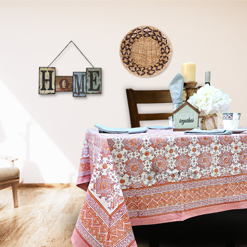 Handmade Floral 100% Cotton Tablecloth Collection, 90" x 60", Peach