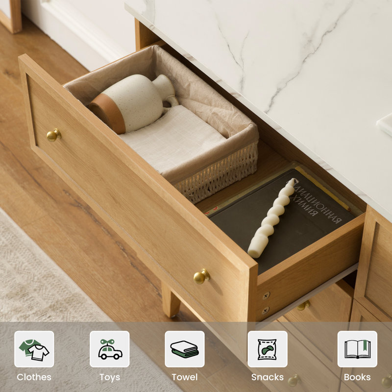 Natural Oak 6-Drawer Dresser with Faux Marble Top and Golden Handles