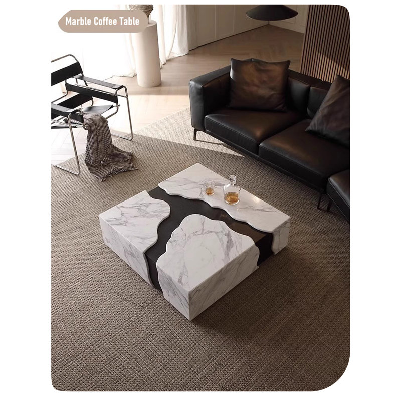 Exquisite Contemporary Stream Form Marble Coffee Table With Flowing Water Form Finish And Wood Veneer Base, Square Venato Carrara White