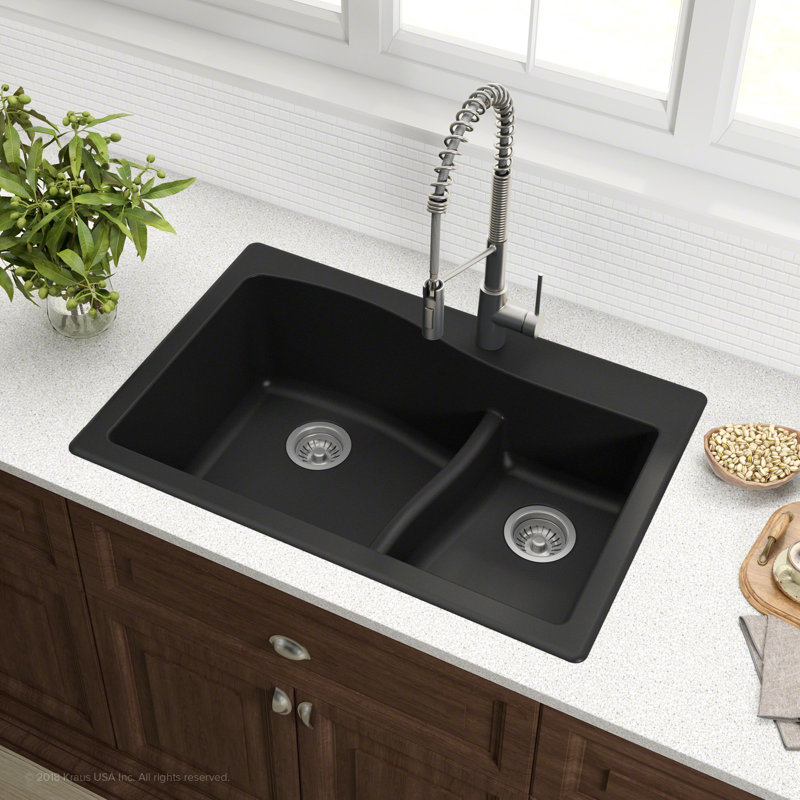 KRAUS Quarza™ 33" L Dual Mount 60/40 Double Bowl Granite Kitchen Sink, Black