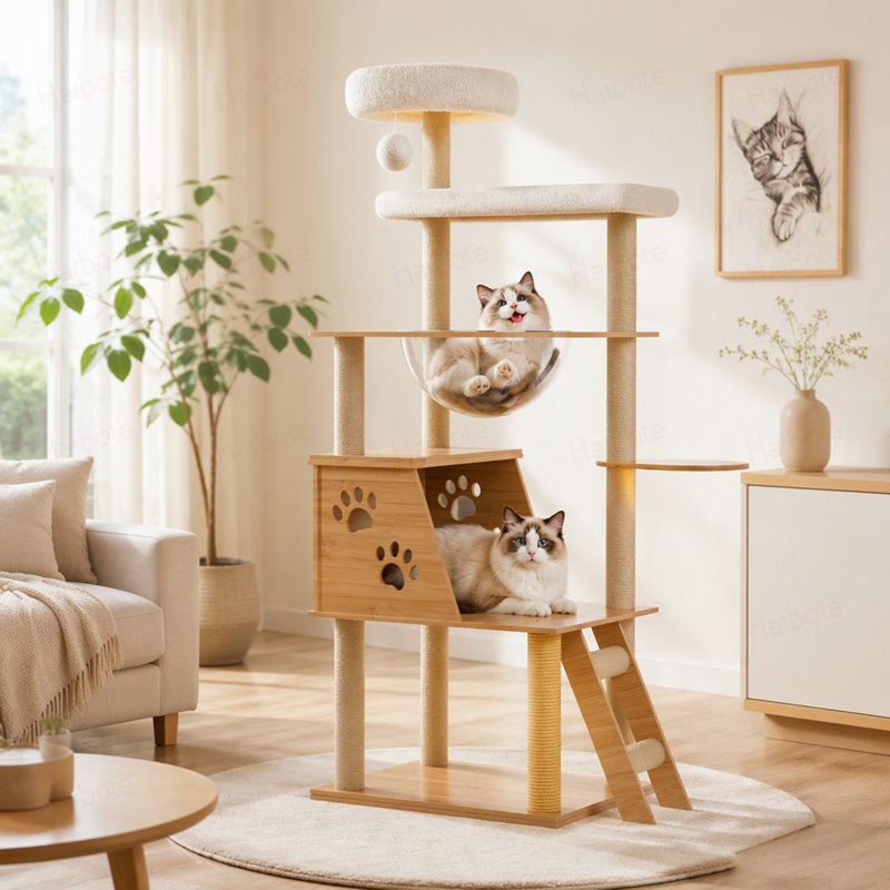 Arbre à chat, tour de jeu à plusieurs niveaux avec perchoir capsule transparent, poteaux à griffer en sisal et échelle d'escalade, maison de jeux d'intérieur pour chatons et chats adultes