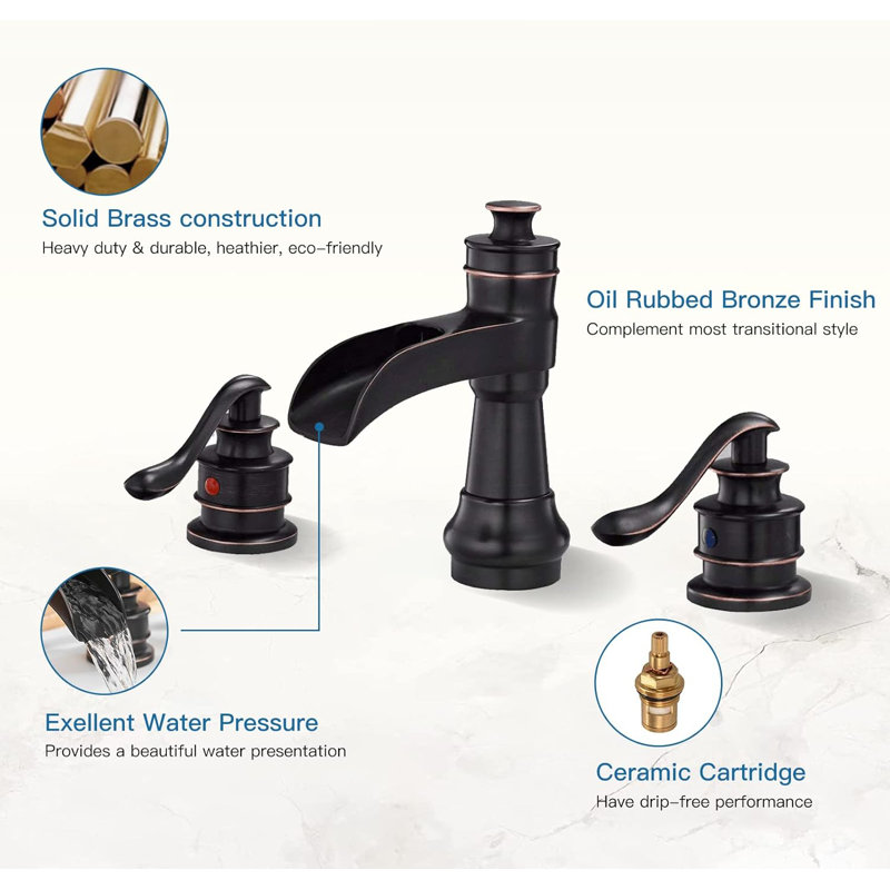 Deluge Waterfall Oil-Rubbed Bronze Widespread 3-Hole, 2-Handle Bathroom Sink Faucet With Drain Assembly