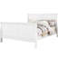 Grand lit d'apparence blanche, fabrication en bois de pin massif et placage de gomme, 3 lattes, sommier tapissier nécessaire, profondeur de 90 po, largeur de 62 po, hauteur de 47 po, poids de 69 lb, capacité de 660 lb