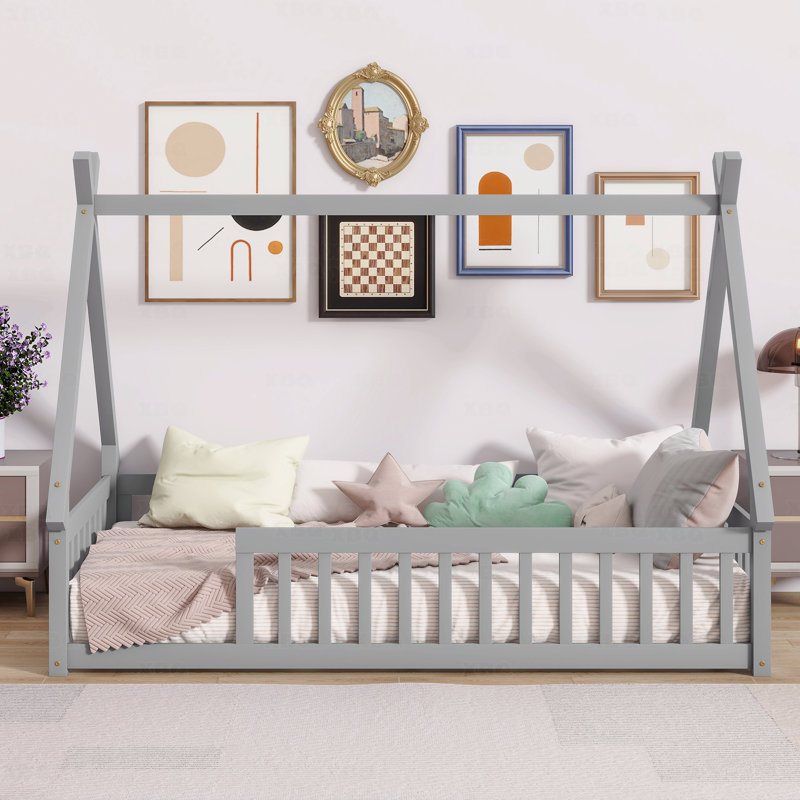 Lit simple, plancher en forme de tente, tipi avec garde-corps, lattes, Gris