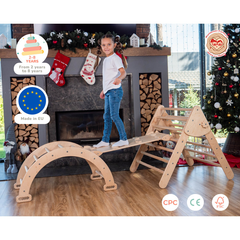 Natural Wood Montessori Climbing Set with Slide and Arch