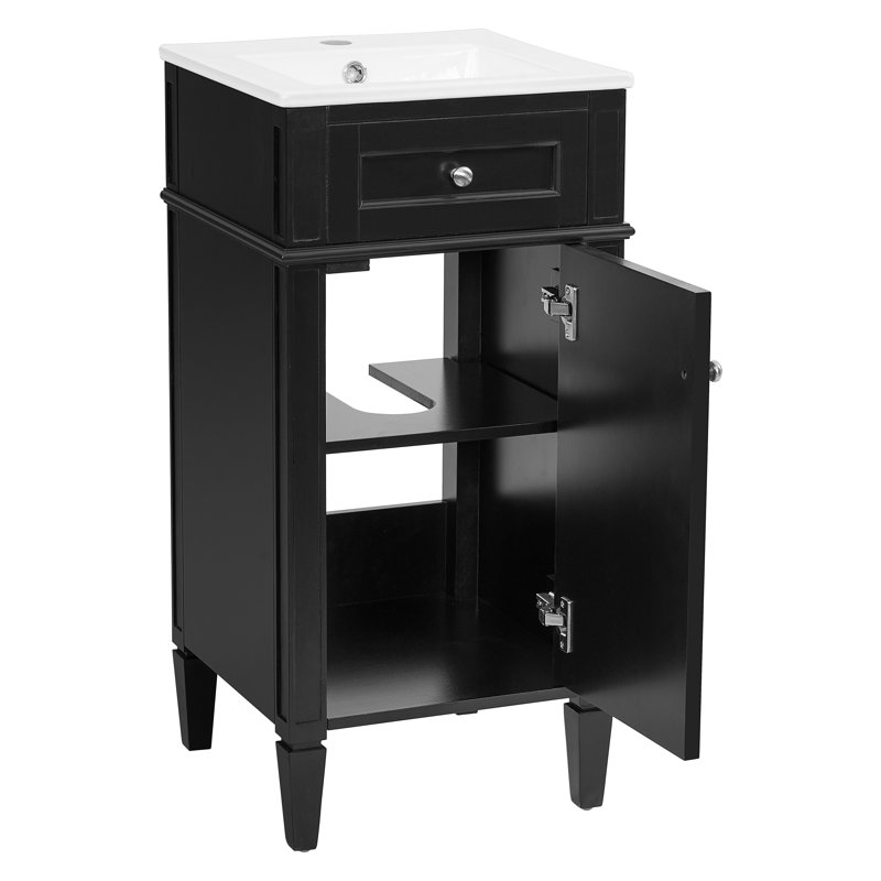 Meuble-lavabo de salle de bain avec lavabo en céramique, ensemble de meuble-lavabo simple autoportant avec porte à fermeture douce, tablette réglable, style français, pieds pleins