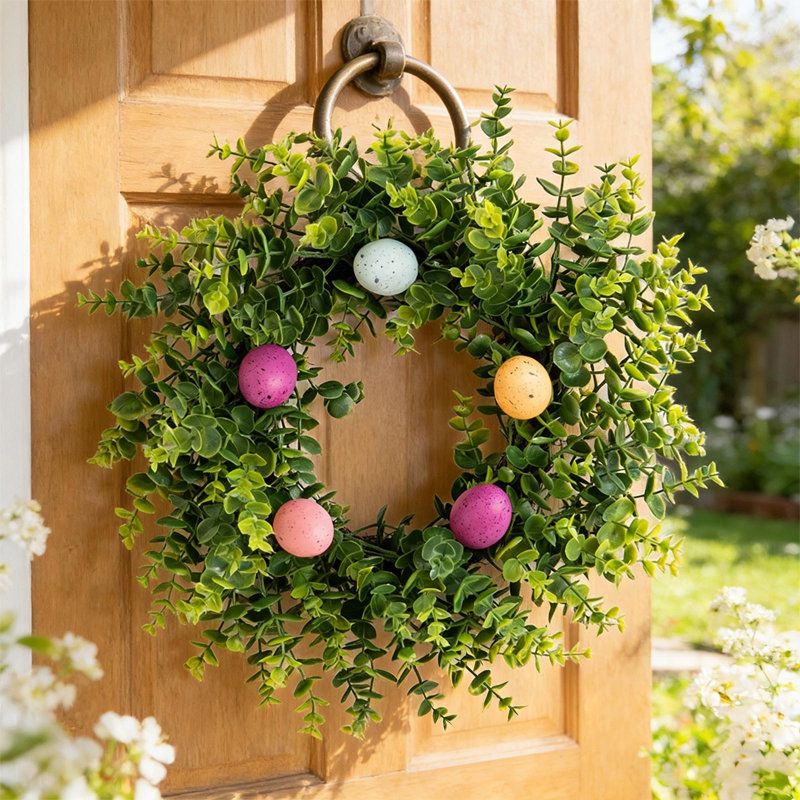 Couronne de Pâques, printemps, eucalyptus, feuilles, œufs colorés, cercles, simulations, plantes vertes, maison, fête, fête, décoration de mariage