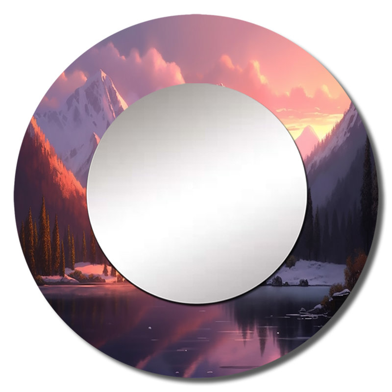 Portuna Lake and Mountain Peaks - miroir mural mauve, miroir décoratif rond traditionnel, impression d'art en métal