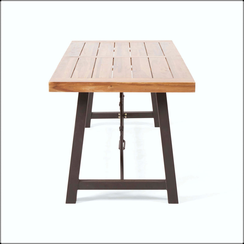 Table de salle à manger d'extérieur industrielle avec plateau en bois d'acacia et structure en fer thermolaqué