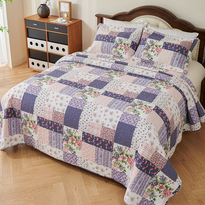 Ensemble de courtepointe réversible en coton mauve / rose , Courtepointe très grand et 2 très grandes taies