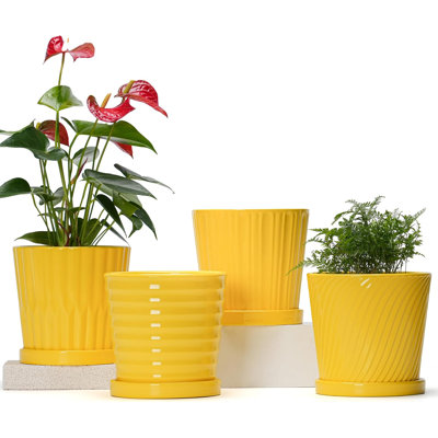 Ceramic Planters 4 Pack with Drainage Holes and Saucer, Yellow 6 Inch Indoor & Outdoor Flower Pots for Plants