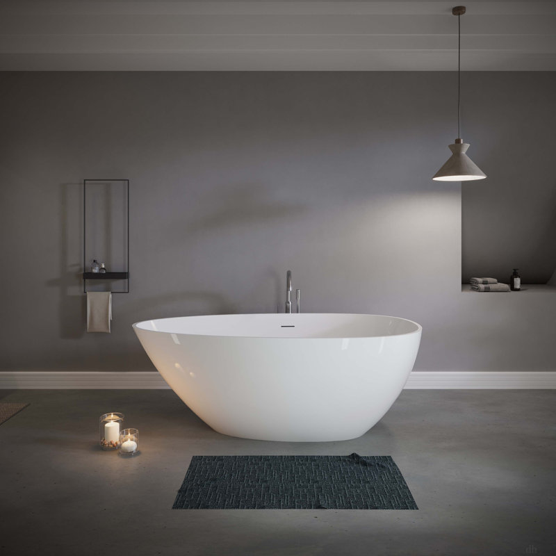 59" Freestanding Solid Surface Bathtub, Luxury Stone Resin Freestanding Soaking Bathtub With Overflow And Pop-Up Drain For Contemporary Bathroom