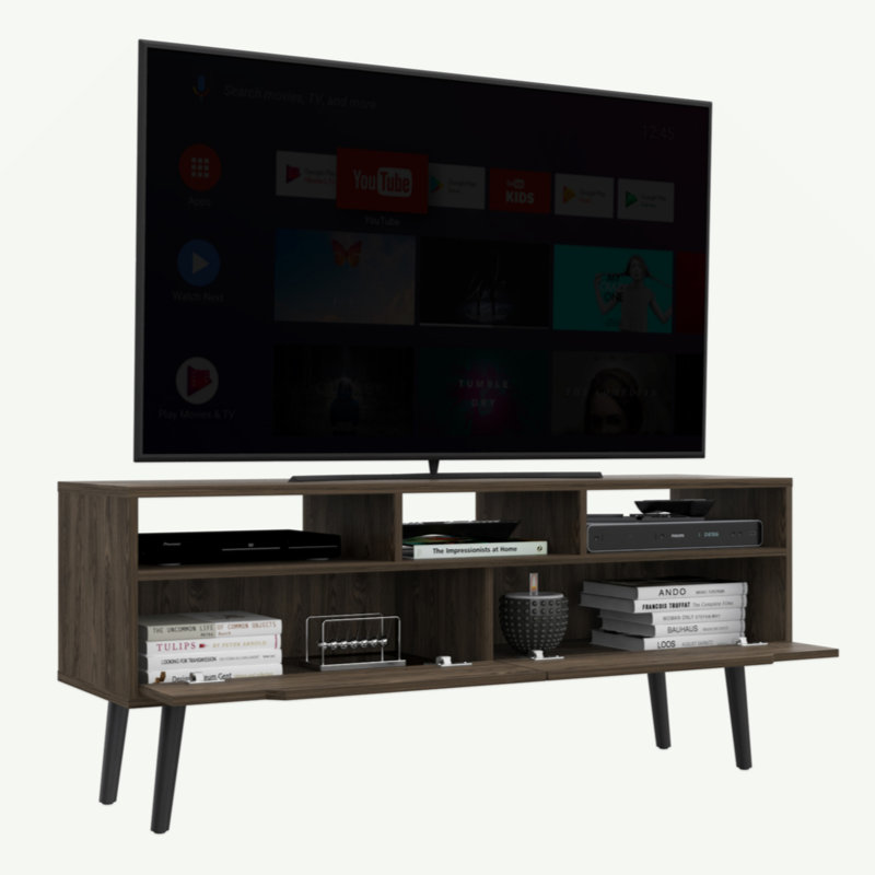 Meuble télé pour téléviseur 52 po, trois tablettes ouvertes, deux tiroirs flexibles, noyer foncé