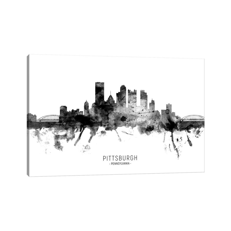 Pittsburgh Pennsylvania Skyline Name Bw by Michael Tompsett - 1 Piece Wrapped Canvas Wall Art, 66.04cm H x 101.6cm W