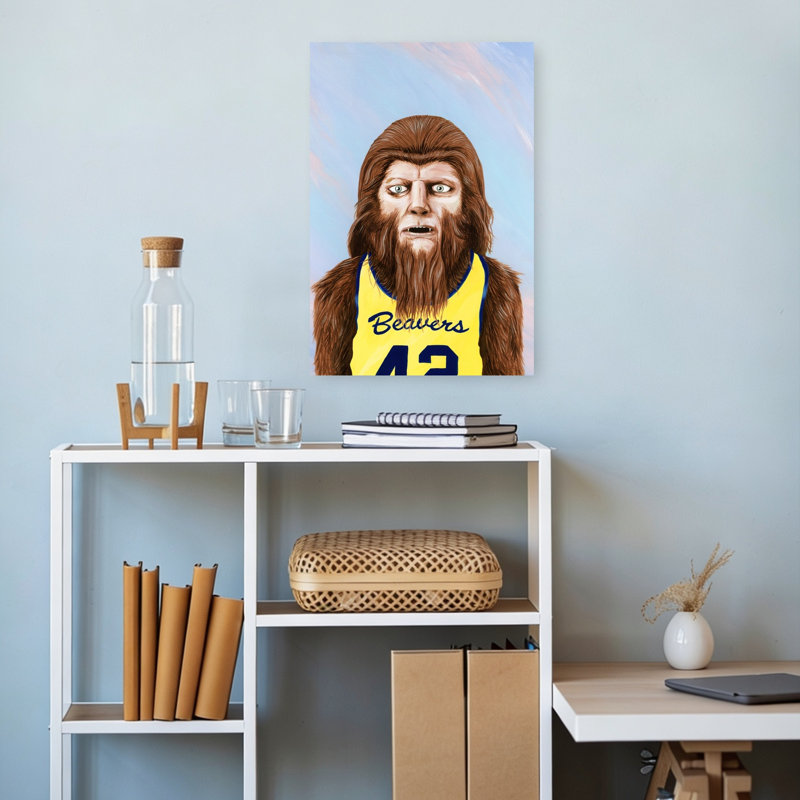 Bigfoot Basketball Player Classic Retro Surreal Wolf Forest Wall Art Print, 18" H x 12" W