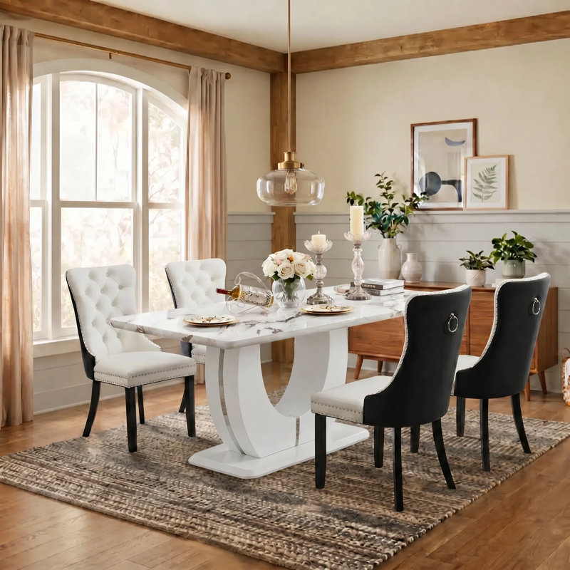 5-pieces 63" Rectangular White Marble Dining Set with 4 Grain Tufted Velvet Chairs, Black/White, White