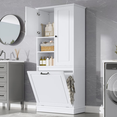 Tall Storage Cabinet With Adjustable Shelves, Large Flip-Out Basket & Enclosed Cabinets – For Bathroom, Living Room, Or Office, MDF With Aluminum Alloy Handles