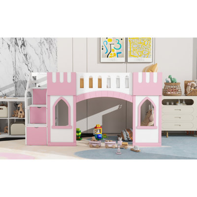 Twin Size Loft Bed In Pink With Storage Space Staircase And Window - Wood Bedroom Charming Viewing Stable