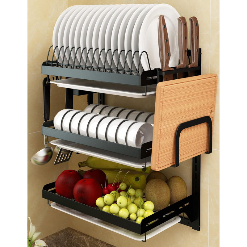 3-Tier Wall Mounted Stainless Steel Dish Drying Rack With Drainboard, Fruit Vegetable Basket, Hanging Chopsticks Cage, Knife Holder - Kitchen Utensil Organizer & Storage Shelf