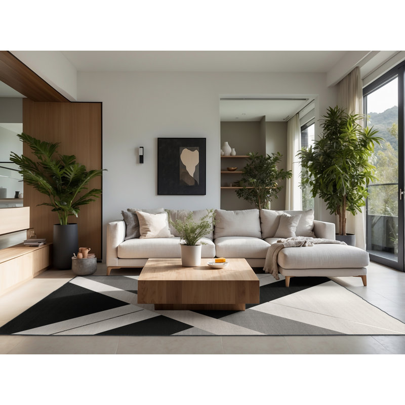 Tapis gris moelleux moelleux à motif géométrique minimaliste gris et noir, 3 X 5