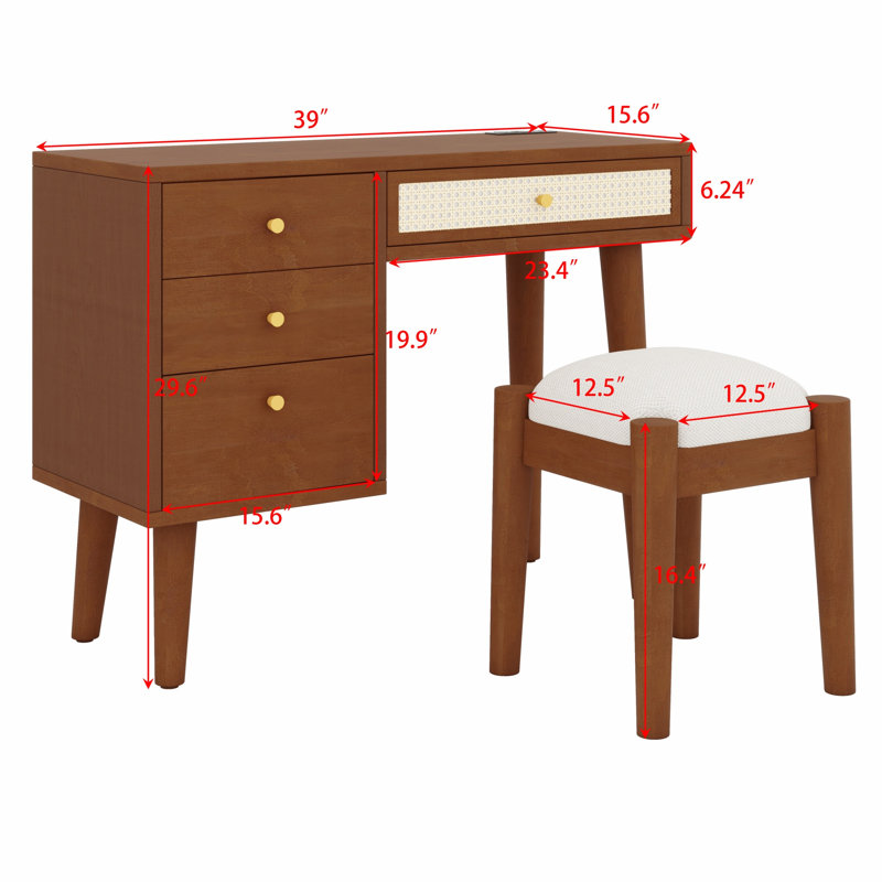Coiffeuse rétro en bois avec prise de charge, 3 tiroirs, tiroir en rotin et tabouret Boho