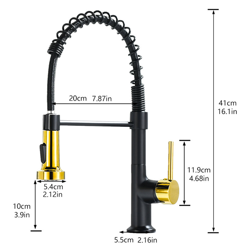 Robinet de cuisine moderne noir et or avec douchette extractible, levier simple, cartouche en céramique, garantie d'alimentation en eau stable