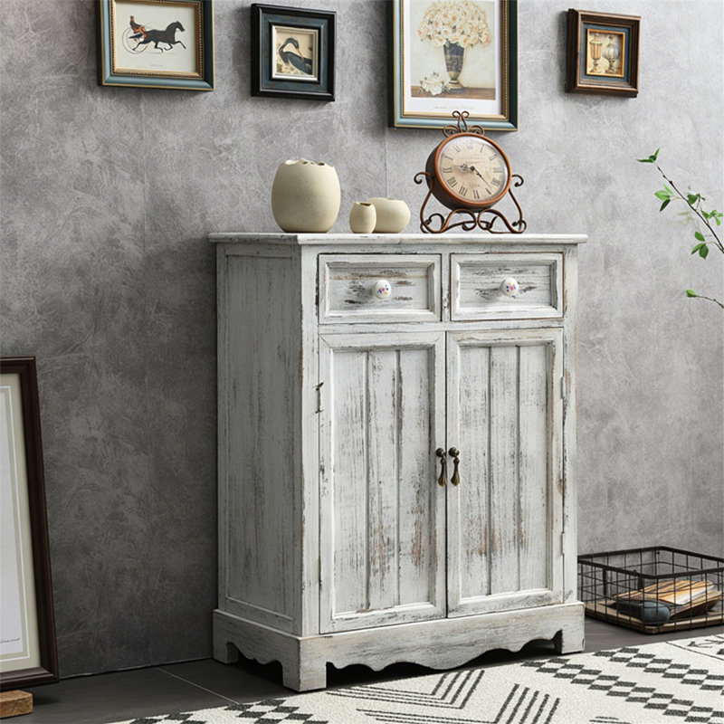 Commode d'appoint à 2 tiroirs en bois massif Tavis, Gris / Blanc