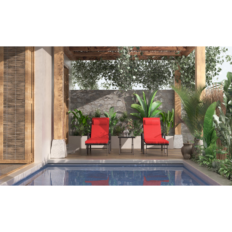 3-Piece All-Weather HDPE Wicker Chaise Lounge Set with Six-Position Adjustable Back & High-Resilience Foam Cushions, Red