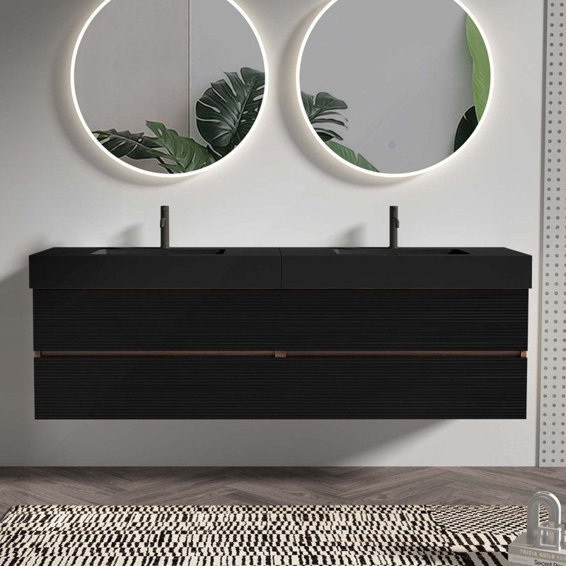 Meuble-lavabo mural 72 po (36 po * 2) avec lavabo à quartz et tiroirs, KD, Noir / brun, 72", Noir